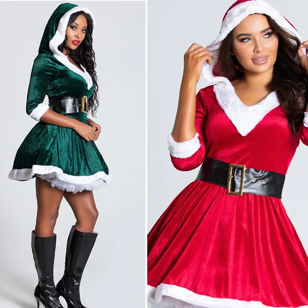 Santa’s Baby Mrs. Claus Plush Mini Dress 2-PC Costume in Green - Picture 3 of 9